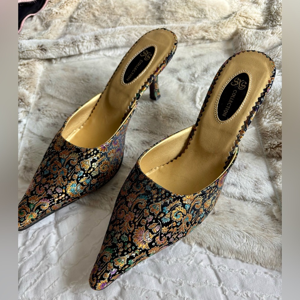 SXS Collection Elegant Satin Brocade Kitten Heel Mules. Size 37.